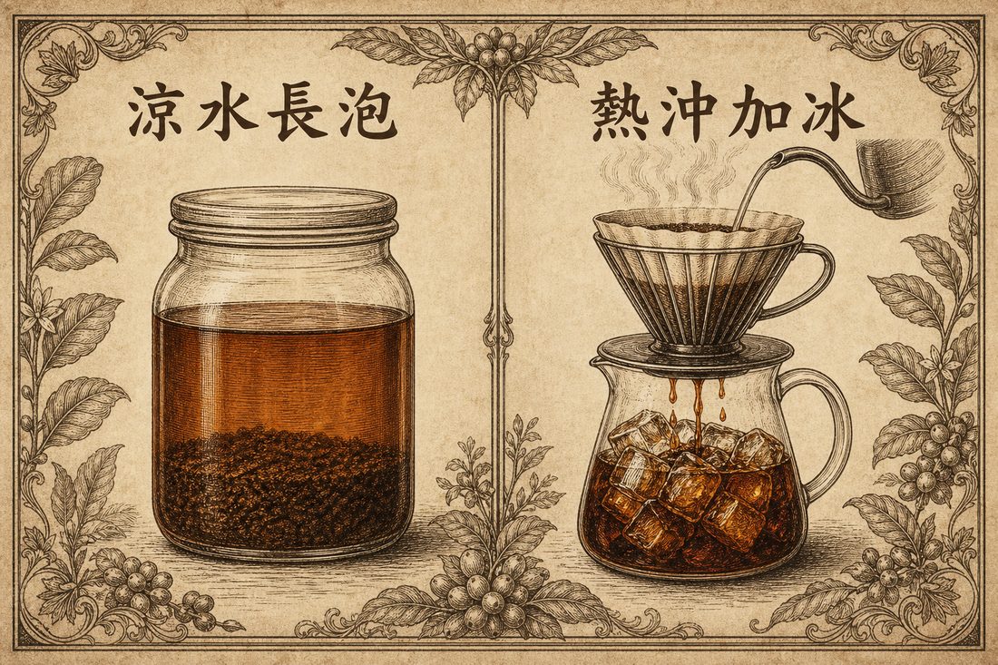 冷萃以涼水長時間浸泡咖啡粉，冰手沖則以熱水沖煮後讓咖啡液流入冰塊中