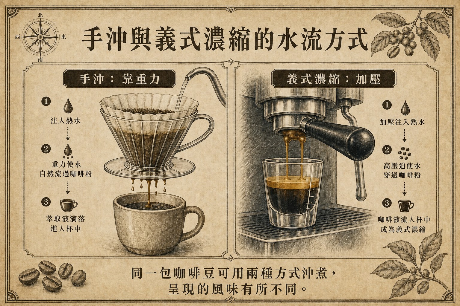 手沖讓咖啡液靠重力通過濾紙，義式濃縮則讓加壓熱水通過咖啡粉
