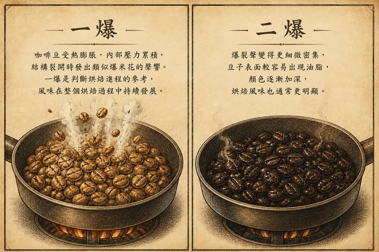 一爆與二爆的示意：一爆聲音像爆米花，二爆聲音較輕，豆子表面逐漸出現油脂