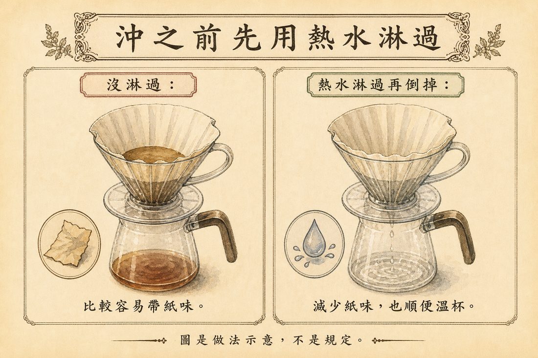 未沖洗的濾紙較容易帶來紙味，以及先以熱水沖洗濾紙、倒掉沖洗水的做法示意