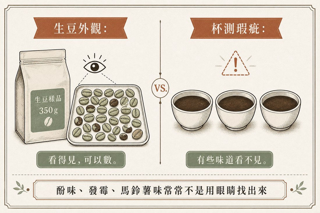 左側呈現生豆外觀檢查，右側以三個杯測碗說明部分風味缺陷無法從外觀辨認
