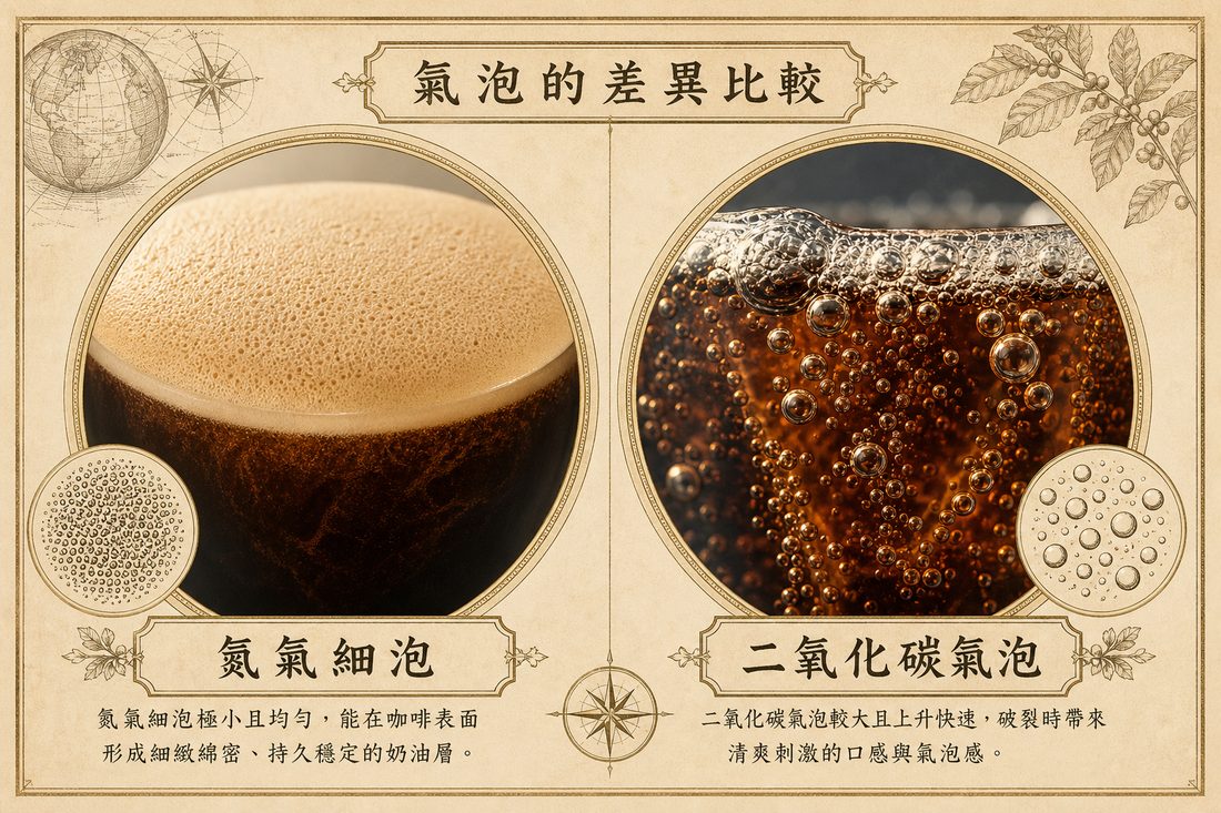 氮氣形成的細密泡沫與二氧化碳較大氣泡的比較示意