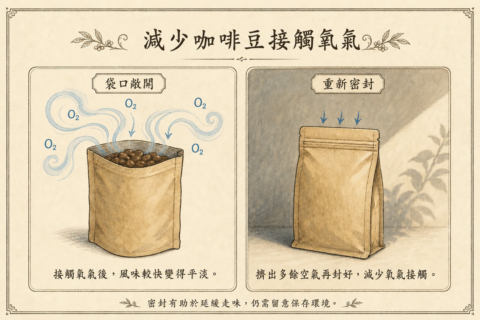開著的咖啡袋接觸氧氣，以及擠掉空氣再封好的示意