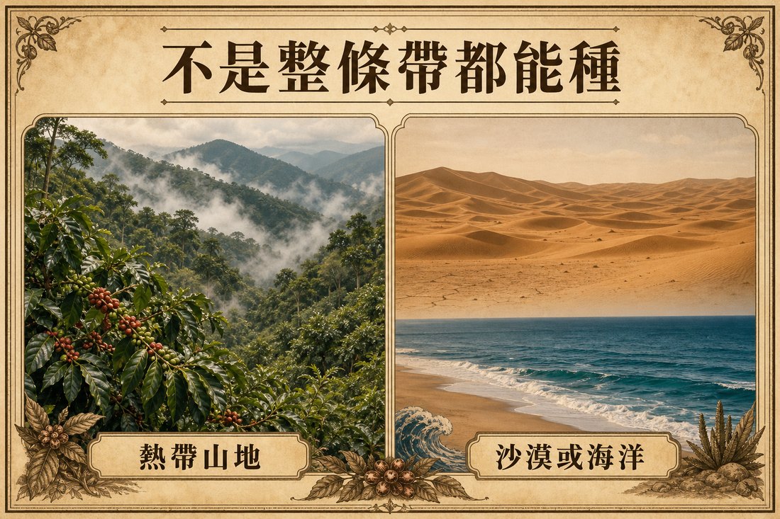 熱帶山地的咖啡樹，與同一緯度帶內的沙漠、海洋相互對照