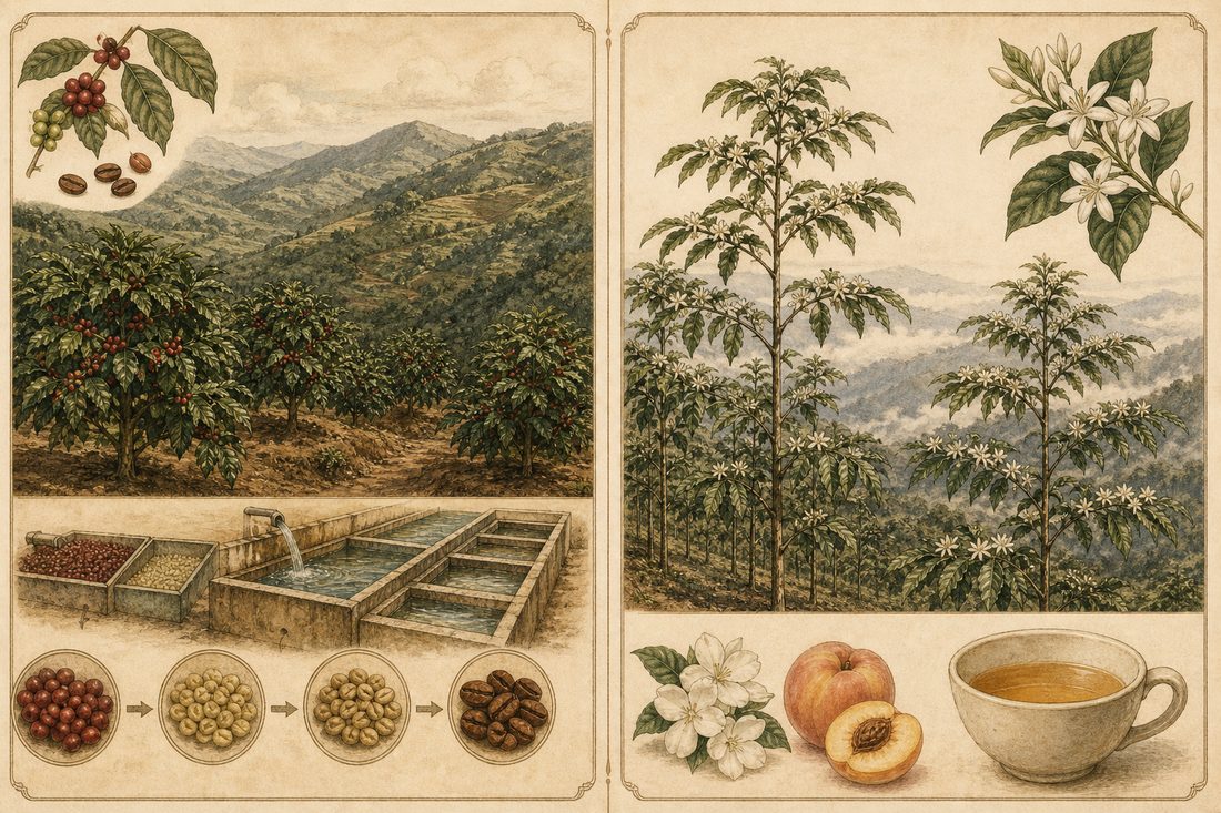 杯測印象示意：比較巴拿馬常見水洗阿拉比卡與帶有花香、桃子風味的高海拔瑰夏