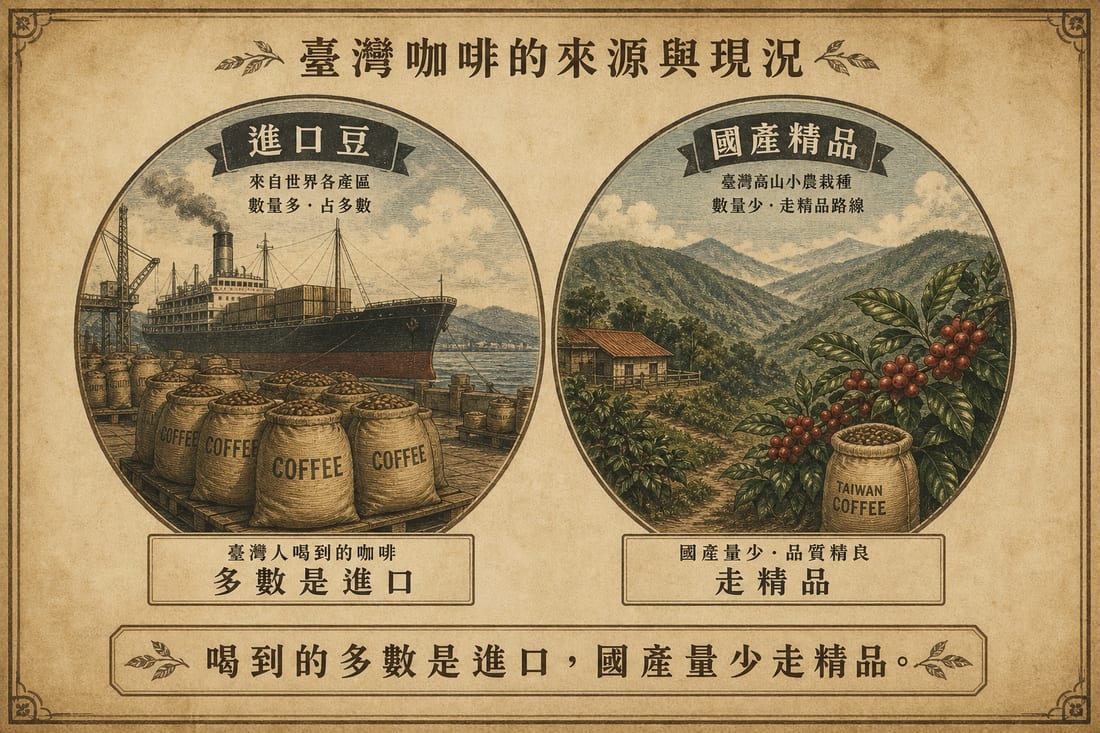 進口咖啡供應量較大、國產咖啡產量較少且朝精品發展的對照示意