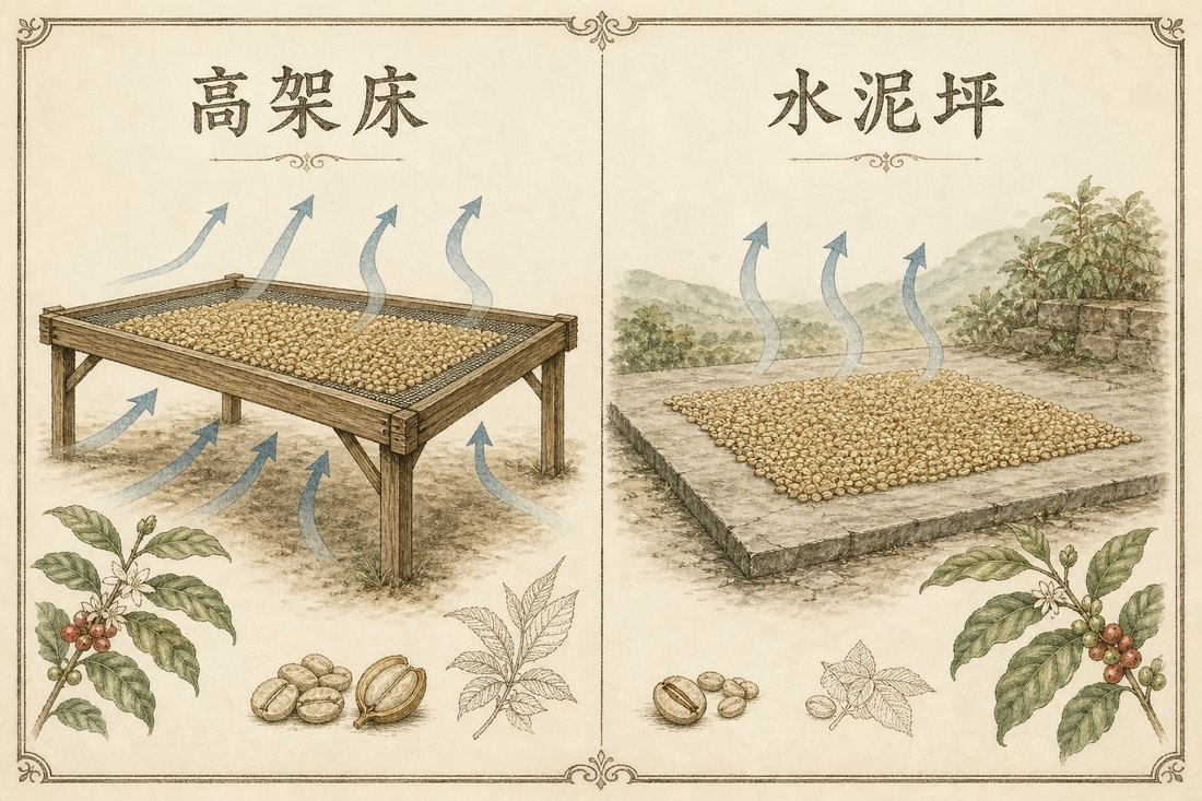 高架床讓空氣從咖啡上方與下方流通，水泥坪則讓咖啡攤放在實心地面上