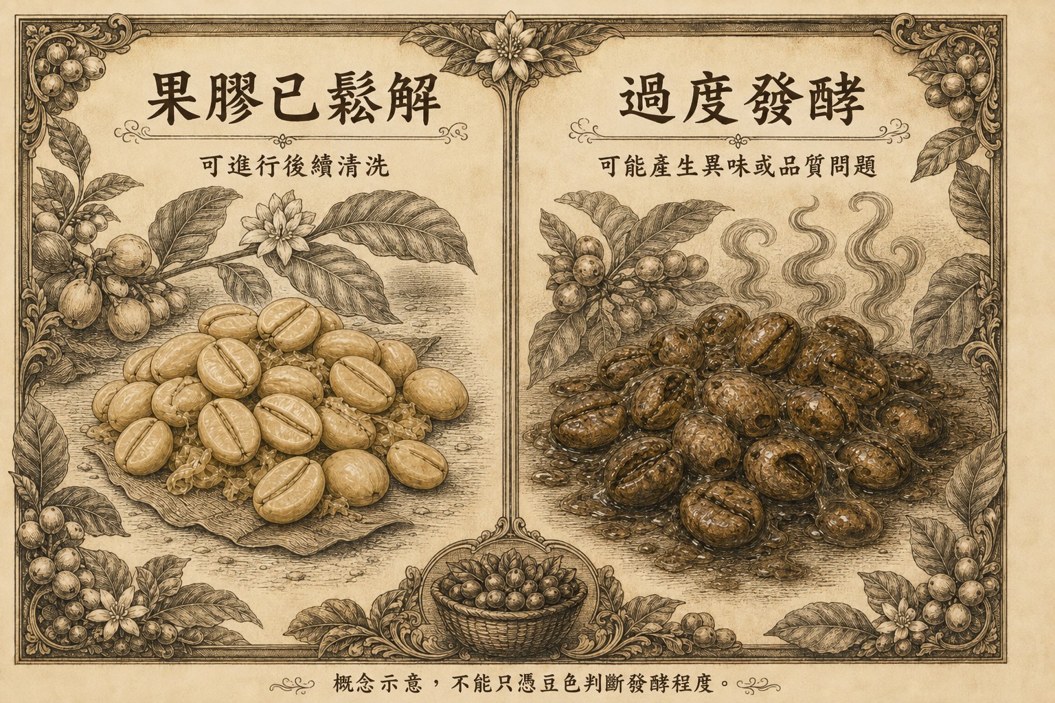 發酵程度的概念對照：左側果膠層已鬆解，右側示意過度發酵可能造成的品質問題