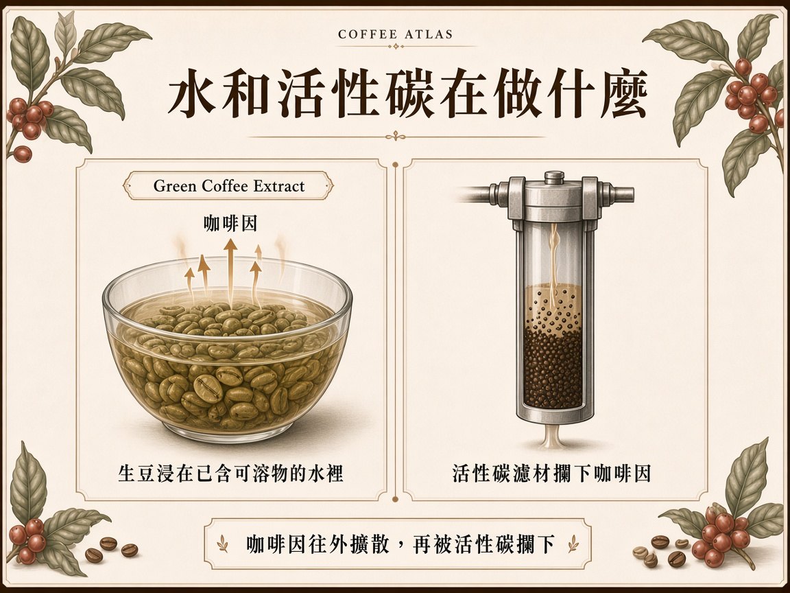 生豆浸在已含咖啡可溶物的水裡，咖啡因往外擴散，活性碳濾材攔下咖啡因
