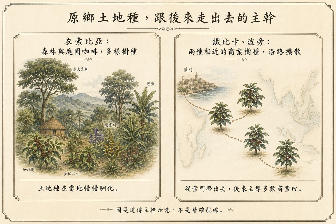 衣索比亞多樣的土地種，與後來經葉門傳播到其他地區的鐵比卡、波旁主要譜系對照