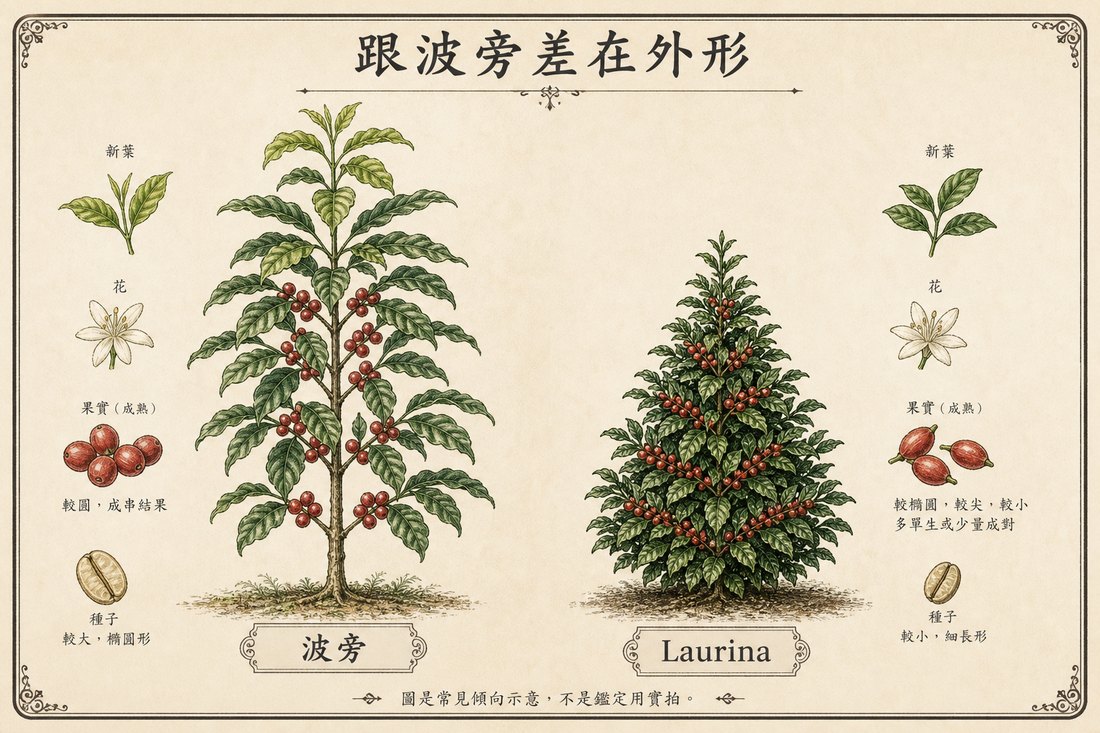 植株外形比較：波旁植株高大，Laurina 則較矮、樹形較尖