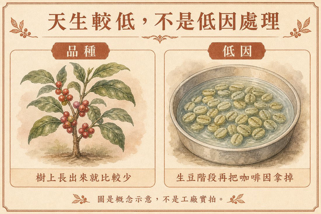 因遺傳特性而咖啡因含量較低的品種，與生豆階段去除咖啡因的低因處理對照