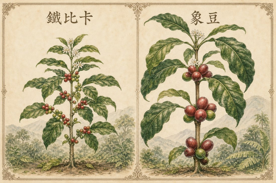 鐵比卡植株與葉片、咖啡櫻桃更大的象豆植株對照