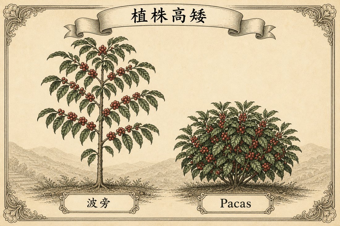 波旁植株較高、Pacas 植株較矮的常見差別示意