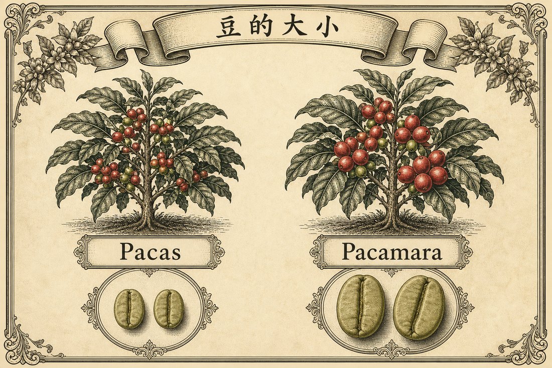 Pacas 豆粒中等，Pacamara 豆粒較大，兩者的植株都較矮